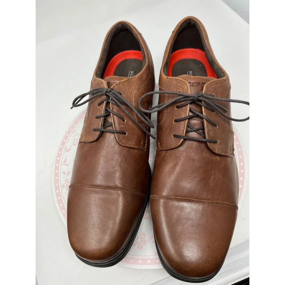 ROCKPORT Men's Shoes 10 Brown Leather Cap Toe Oxford truTECH Slip Resistant Lace